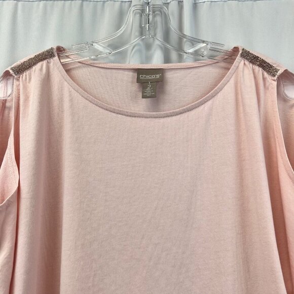 Chico’s Women’s Cold Shoulder Short Sleeve Top Embellished Shoulder Pink Large - Picture 3 of 9